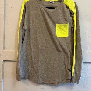 PINK Victoria's Secret Gray and Neon Yellow Long Sleeve Tee